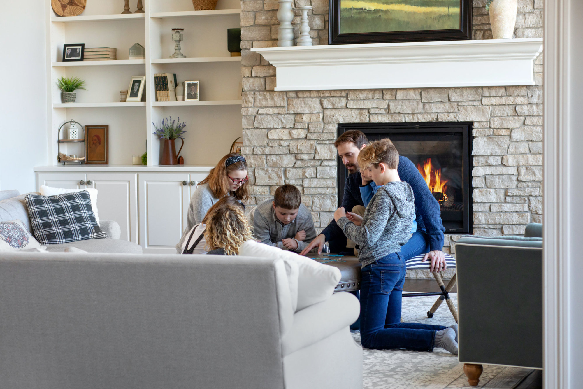 Interior shot of a living room with a fireplace