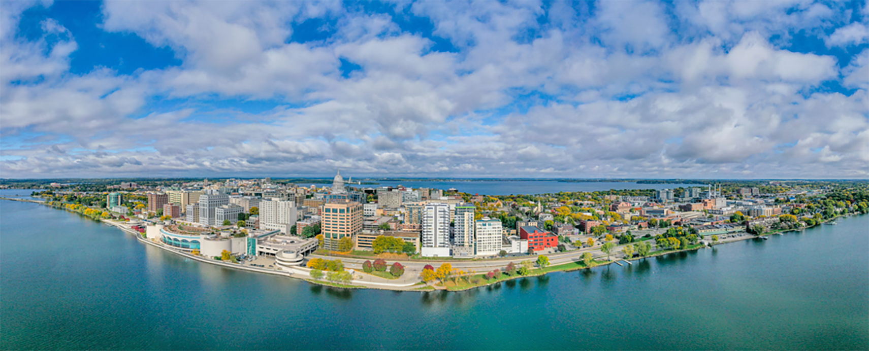 Drone view of the Madison, Wisconsin Isthmus